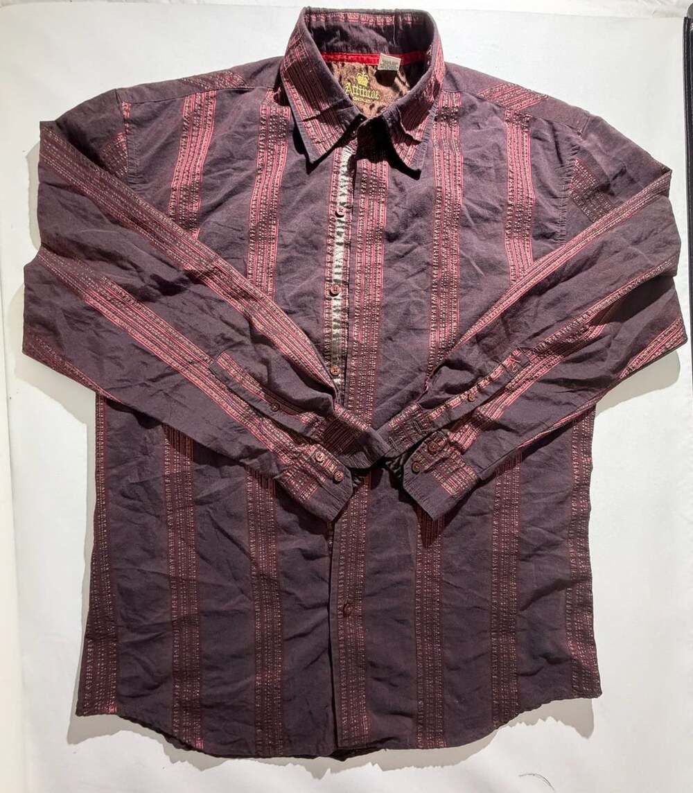 Attitude Gold Mens XL Brown Red Striped Button Up Shirt Long Sleeve Y2K